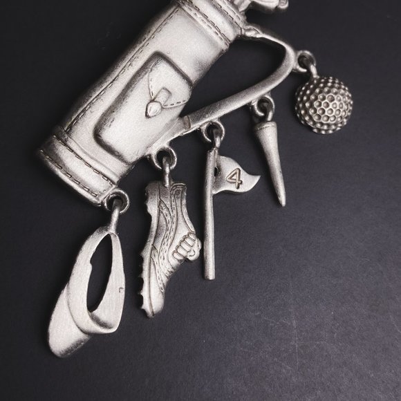 Vintage JJ Jonette Jewelry Golf Clubs Bag Shoe Flag Silver Tone Charm Brooch - Picture 3 of 6